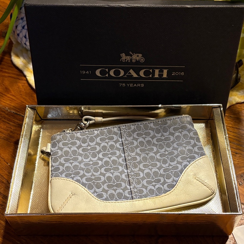 Coach Gray and Cream Signature Wristlet